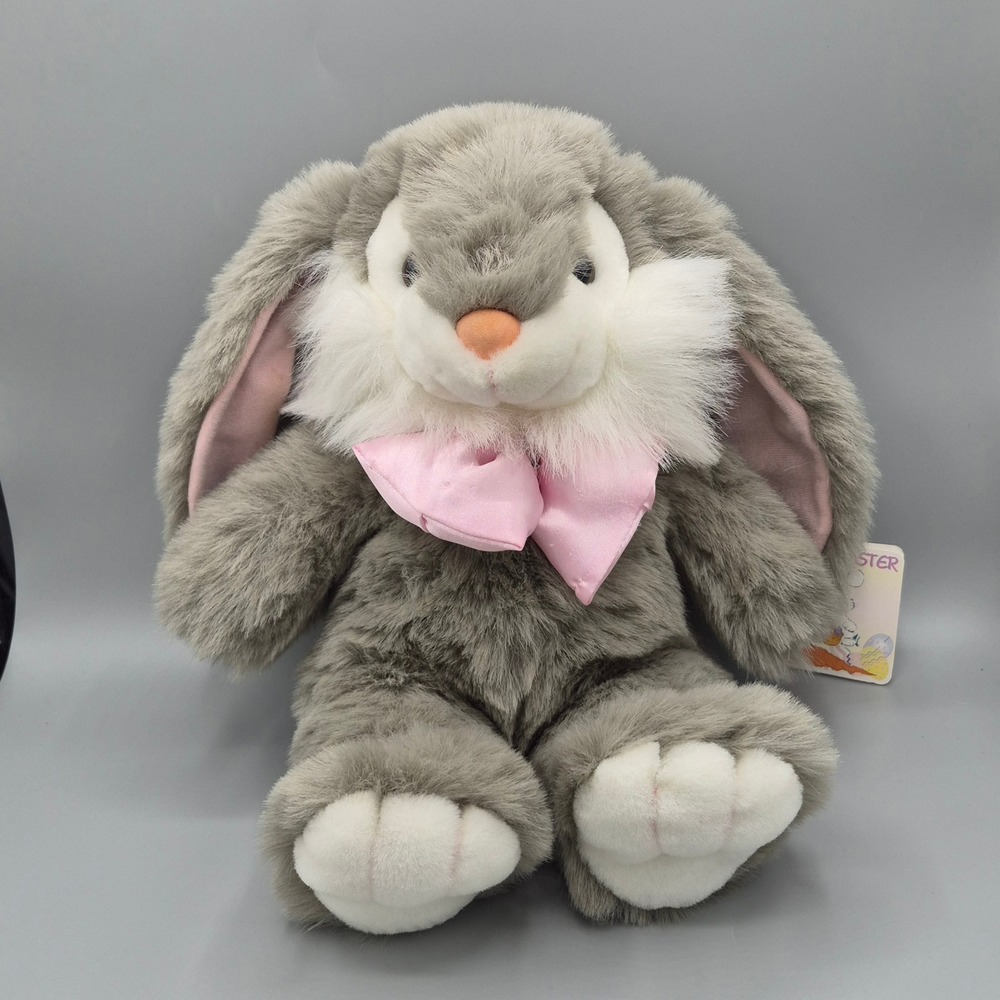 Kids of America Corp Gray Bunny‎ Rabbit Plush Pink Satin Bow Easter Vintage Toy